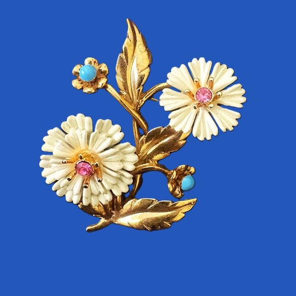 Joan Rivers Gold Floral Brooch With Turquoise Pistons Vintage - Picture 1 of 10